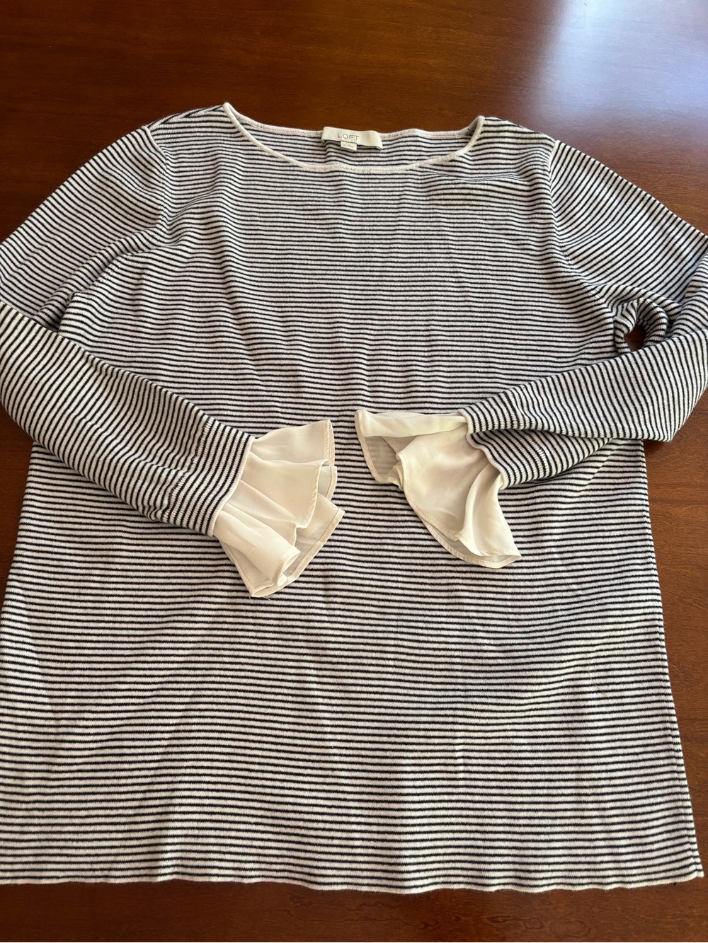 LOFT Black & Cream Striped Crew Neck Sweater with Sleeve Detail